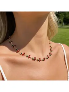 2026 Hot Sale French Vintage Cherry Strawberry Necklace, Red Imitation Pearl Clavicle Chain for Women