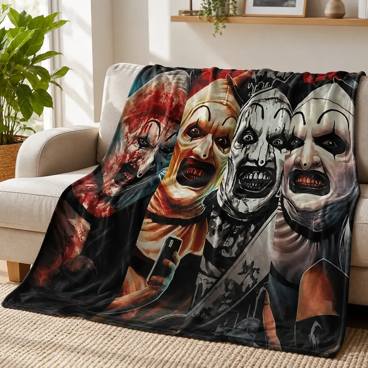Terrifier Art the Clown Horror Fleece Throw Blanket, Cozy Soft Microfiber Flannel Blankets for Couch Bed, Spooky Movie Merch Goth Room Decor Gift