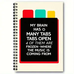 Spiral-Bound Notebook with Light Beige Cover, Black Tab Interface with Red Border & Three Colored Rectangles (Red/Teal/Yellow), Funny Text 'MY BRAIN HAS O MANY TABS...' - Left Spiral Binding, Bold Contrast Design for Journaling, Note-Taking, Office