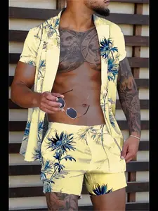 Men's Casual Tropical Floral Shirt Set, Loose-Fitting Regular Length, All over Print, Stylish Men's Clothing for All Seasons