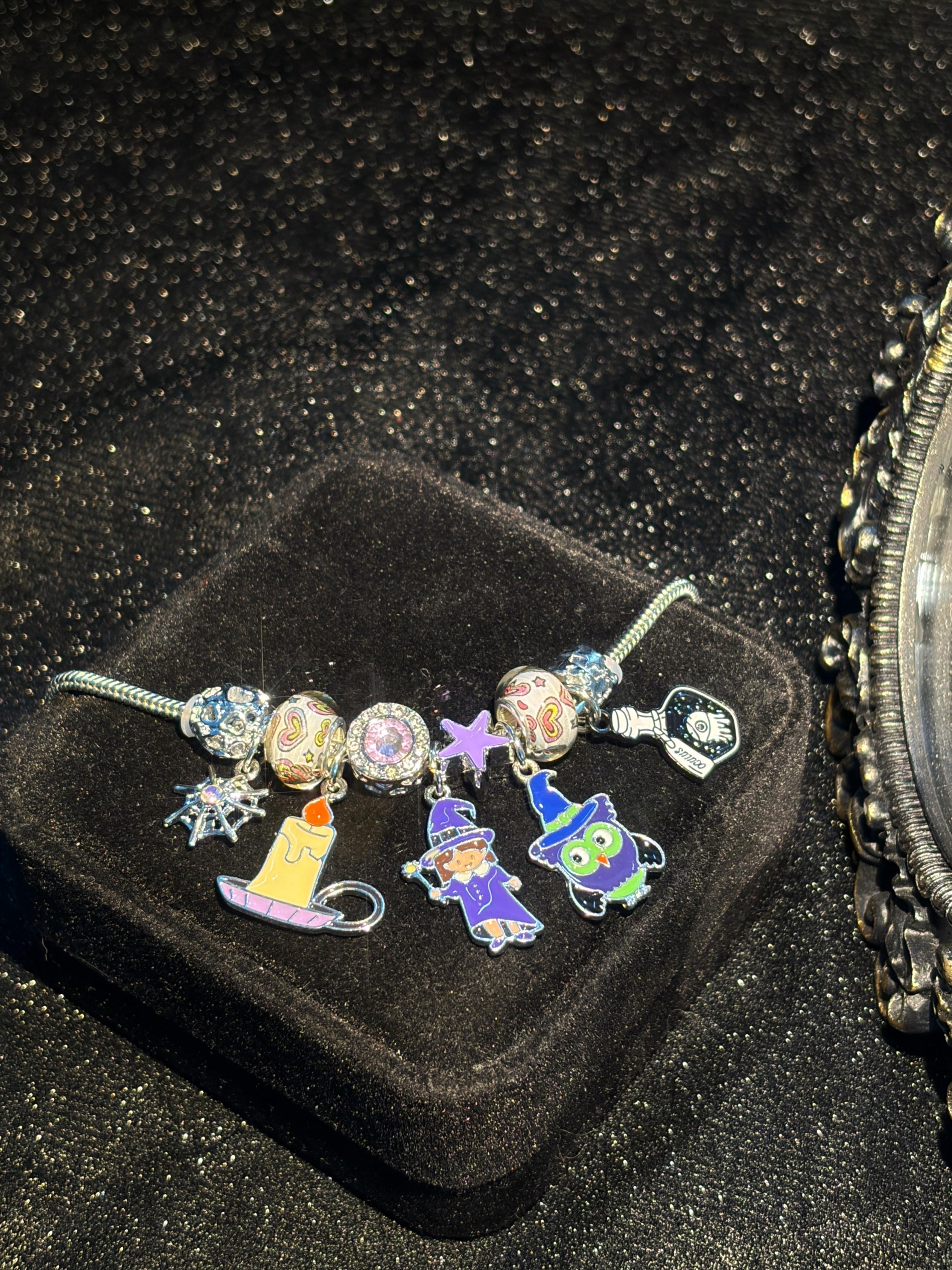 Silver Tone Halloween Magic Theme Charm Bracelet, Adjustable Snake Chain With Witch Owl Candle Crystal Ball Dangle Charms, Color Printed Glass Beads Rhinestone Spacer Beads, Stackable Cute Festival Jewelry, Party Cosplay Accessory for Women Teen Girls