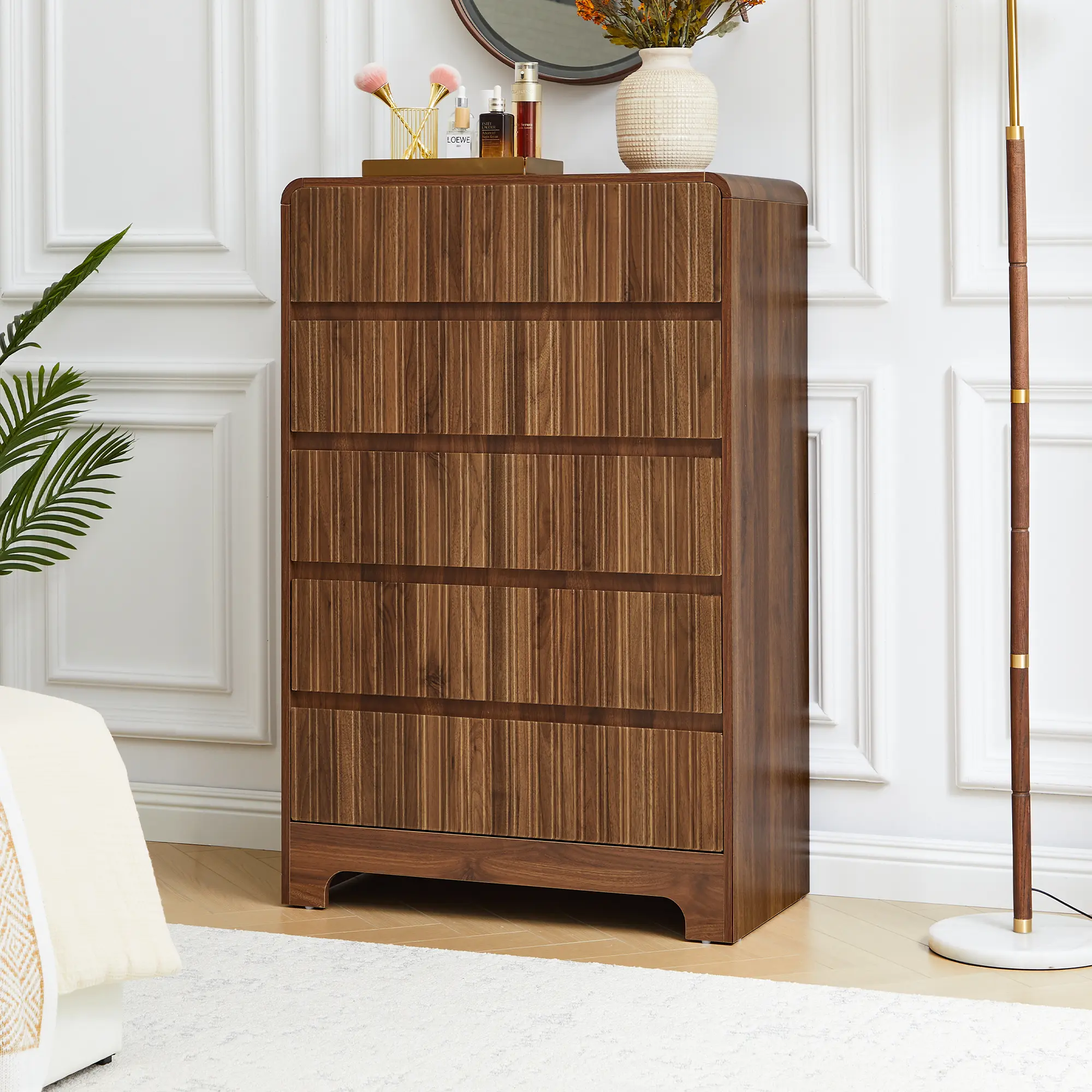 FurSch 45" Tall Mid Century Modern 5-Drawer Dresser, Curved Wood Storage Cabinet for Bedroom & Living Room, Stylish Vertical Organizer - TikTok Shop FurSch 45" Tall Mid Century Modern 5-Drawer Dresser, Curved Wood Storage Cabinet for Bedroom & Living Room, Stylish Vertical Organizer - TikTok Shop