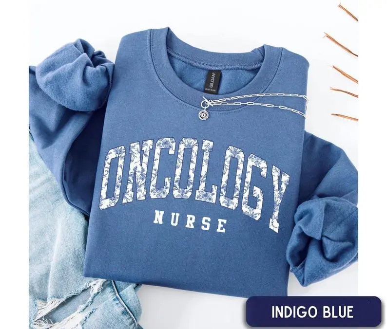 Oncology Nurse Sweatshirt, Blue Floral Toile Crewneck, Elegant Cancer Care Nurse Pullover, Cozy Healthcare Appreciation Gift