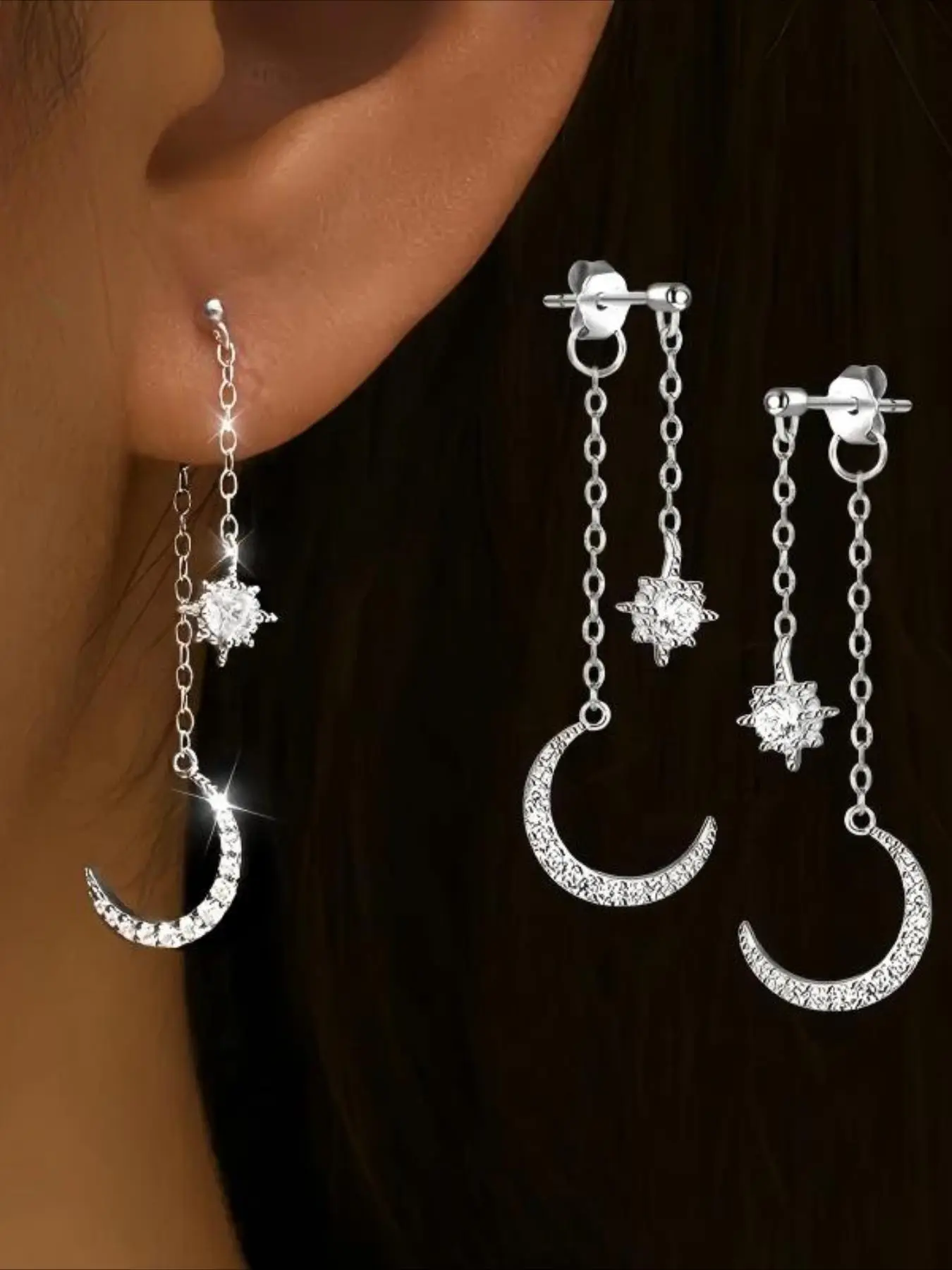 1 Pair Elegant S925 Silver Crescent Moon Dangle Hoop Earrings, Earrings Dangling, Synthetic Zirconia, Artificial Zirconia Earrings, Bling Fashion Ear Studs For Women, Hypoallergenic, Perfect For Daily Wear & Banquets, Thanksgiving Gift