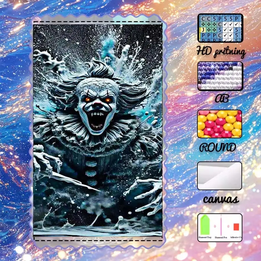 DIY 5D velvet, AB diamonds, fairy dust diamonds, crystal diamonds, clown, horror, scary diamond painting, diamond painting handmade kit, special craft diamond art kit, wall decoration, gift for family, loved ones, and friends, Handmade Gifts