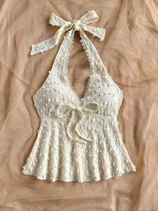 Women's Solid Swiss Dot Halter Top, Chic Sexy Sleeveless Top for Party Club Dating, Ladies Clothes for Summer, Casual Sleeveless Crop, Elegant Sleeveless Cami, Womenswear