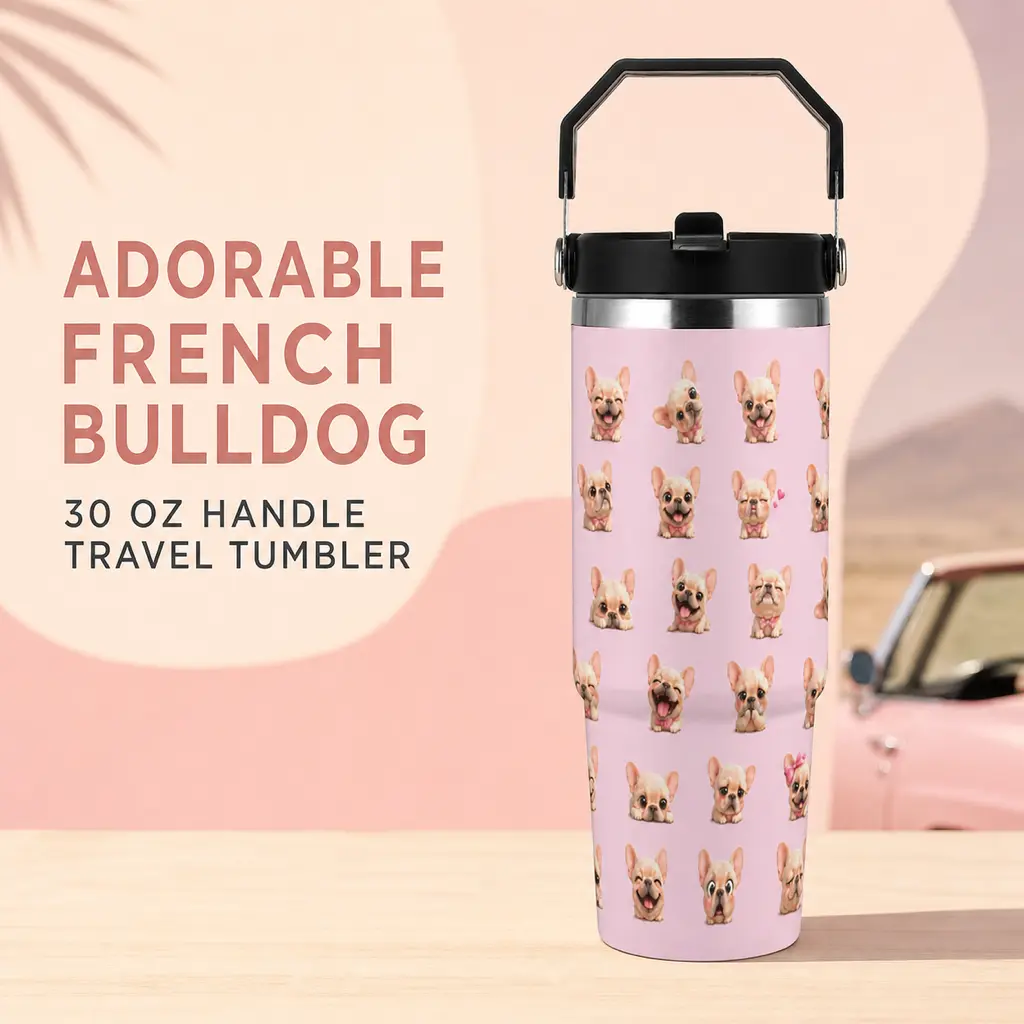 Pink French Bulldog 30oz Large-Capacity Car Tumbler with Handle and Straw, 30 Cute Frenchie Expressions