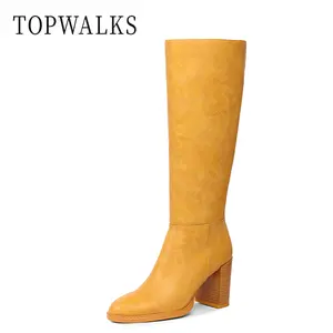 Topwalks Women's Knee High Boots Square Toe Chunky Block Heel Long Boots for Women Side Zipper Comfort Tall Boots