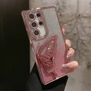 luxury 3D Quicksand Butterfly Bling Phone Case for Samsung 26 S25 S24 S23  Ultra Plus  Plating Side Diamond Glitter Shockproof Cover Casing
