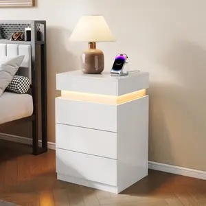 Nightstand with Built-In Charging Station and LED Lighting, 3-Drawer Sliding-Top Modern Bedside Table, WhiteWooden End Table