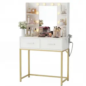 Furmax Modern Gold Metal Makeup Vanity Table Set - Engineered Wood Desk with Power Outlets, Hair Dryer Holder, LED Lights and Makeup Storage