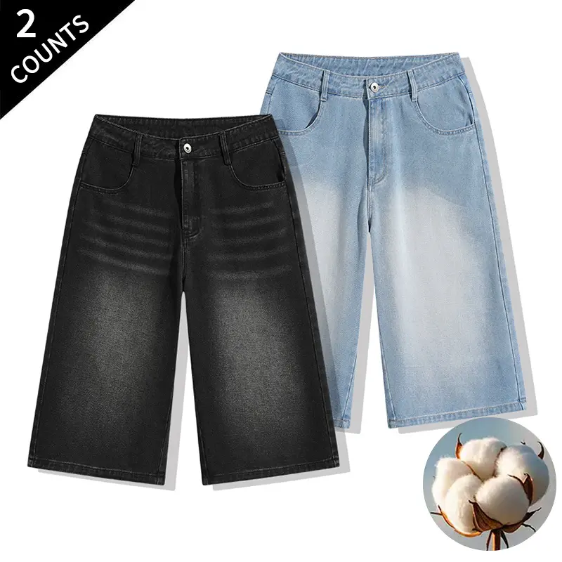 Summer Vibes 2-Pack Men’s Vintage Wash 3/4 Denim Shorts, Loose Fit Casual Jeans Shorts for Basketball, Running & Cycling