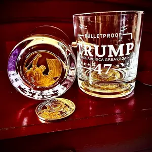 Trump Whiskey Glass Laser Engraved with Embedded Bullet and Coin