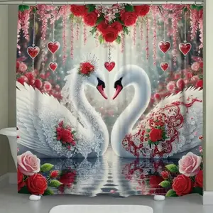 Swan Love Valentine's Day Red Rose Shower Curtain, perfect for Bathroom Decoration Accessories, partitions, beautifying space, polyester durable material, easy to clean, machine washable, multiple sizes to choose from, shower curtain hook