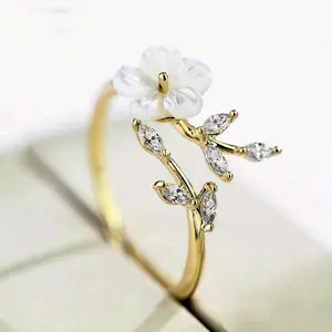 Gold‑Tone Natural Mother Of Pearl Flower Open Ring, Dainty Marquise Zircon Twig Branch Adjustable Stacking Ring, Elegant Floral Jewelry Gift for Women