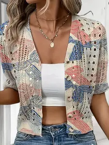 Elegant Chic V-Neck Striped Knit Cardigan for Women, Casual Loose-Fitting Summer Top, Bohemian Style, Short Sleeve Hollow Out Design
