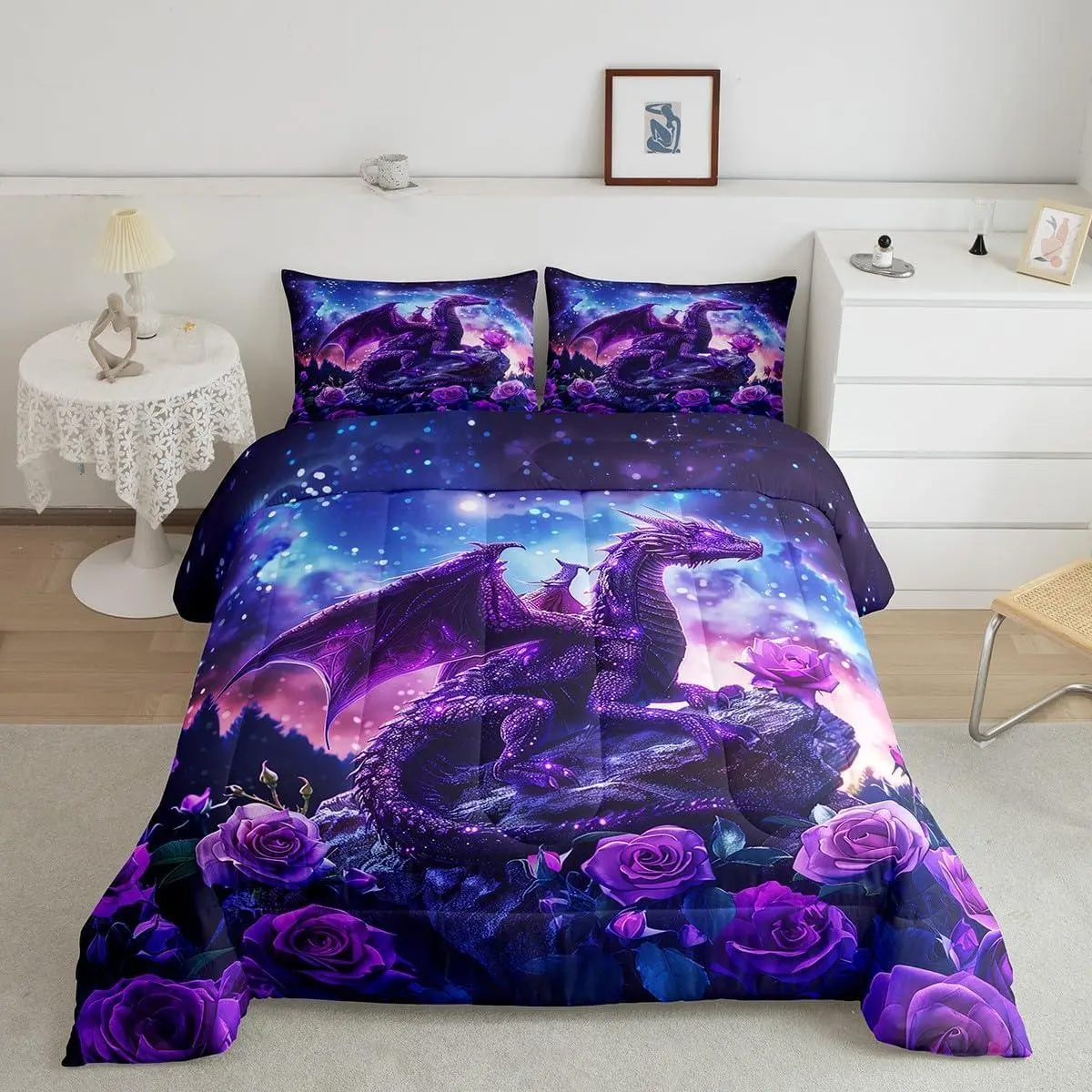Blossom Flower Rose Comforter Set,Purple Dragon Bedding Set Room Decor,Galaxy Starry Sky Nebula Duvet Insert,Glitter Retro Wild Animal Quilt Set
