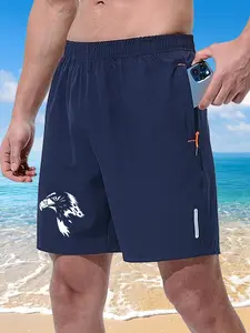 Men's Elastic Waist Fitness Shorts, American Eagle Print, Gym & Jogging Wear, Comfortable Stretch Fabric, Ideal for Exercise & Daily Use