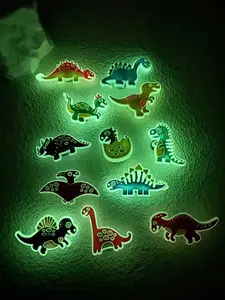 12-Piece Fluorescent PVC Shoe Accessories, Cartoon Dinosaur Pattern, Fun Multicolor Design, Kids' Shoe Decorative Parts, Shoe Decoration Charms