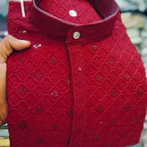 Men’s Chikankari Kurta with Pant Set - Sequins Work, Suitable for Men's Clothes and Costume - Menswear