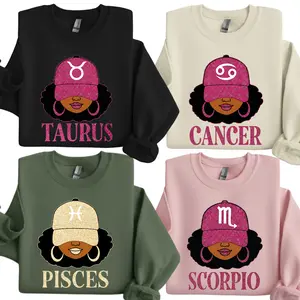 [Full 12 Zodiac] Zodiac Girl Graphic Sweatshirt – Glitter Astrology Crewneck with Taurus Cancer Pisces Scorpio Design, Trendy Horoscope Pullover Gift for Zodiac Lovers & Astrology Fans