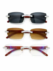 Iced Out Moissanite Glasses with Wood Temple Arms | 2.5ct VVS D Color | 925 Sterling Silver | Hip Hop Eyewear | Passes Diamond Tester