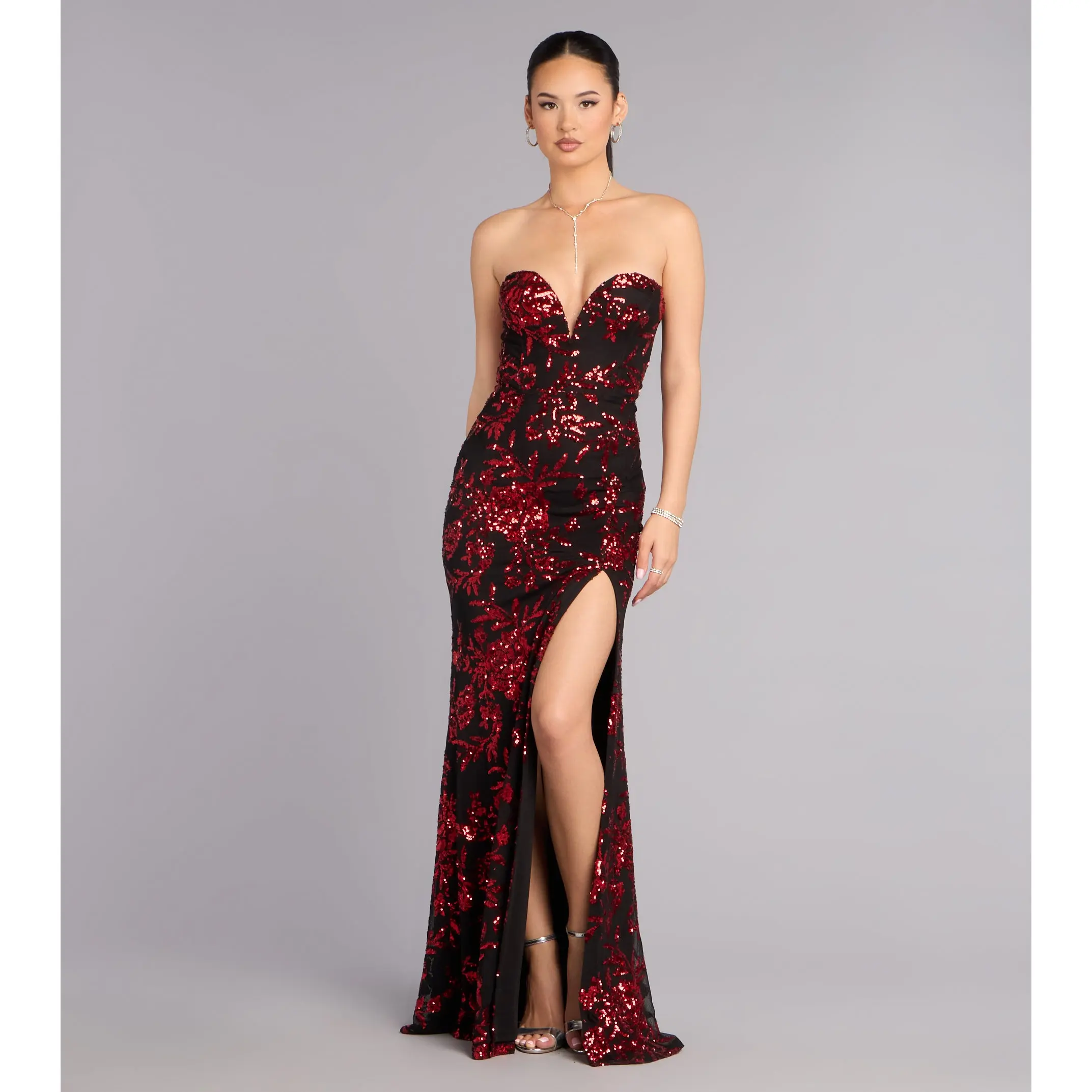 strapless open back dress Red Mermaid Lace V-neck Floor Length Prom Dresses MP750