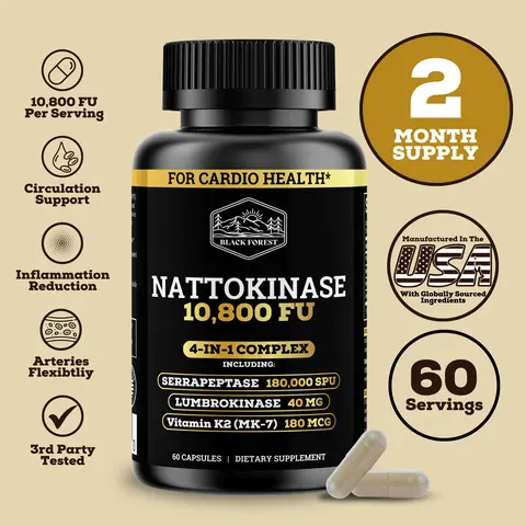 Black Forest Nattokinase 4-in-1 Cardio Complex Japanese Natto-Derived, 10,800 FU, 60 Vegan Capsules for Blood Flow, Heart Health & BP Control — Dietary Health Supplement Capsules