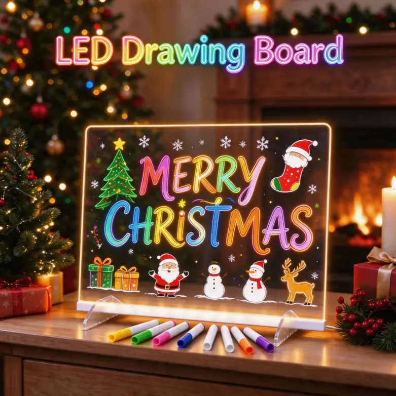 12in LED Drawing Board with Stand, USB Wired Acrylic Glow Doodle & Message Board – Reusable Erasable DIY Painting, 7 Colored Markers & 2 Eraser Cloths, Creative Gift for Birthday,Christmas&Halloween