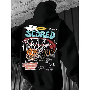 Men's Basketball Graphic Hooded Sweatshirt - Black Streetwear Pullover with "SCORED" Lettering & Hoop Design, Loose Fit Casual Sportswear, Long Sleeve Pocket Hoodie for Urban Fashion (Machine Washable)