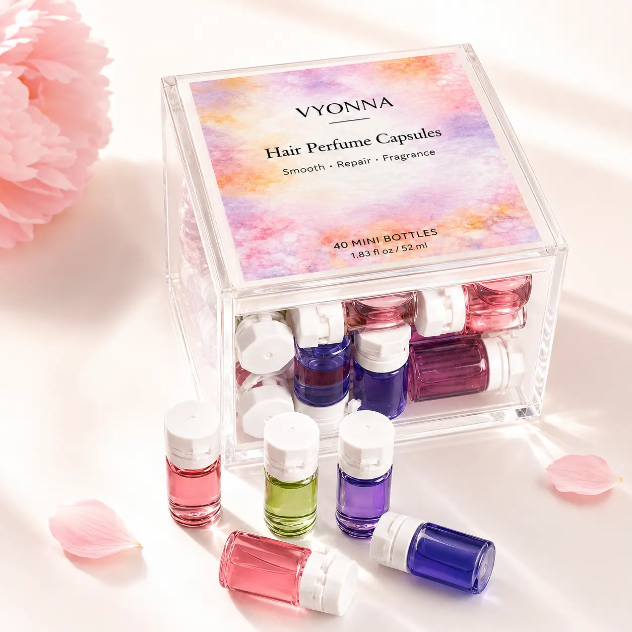 VYONNA Hair Perfume Oil for Women, 2-in-1 Leave-In Hair Serum with Argan Oil, Avocado Oil & Amino Acids for Frizz, Dry Ends, Damaged-Looking & Heat-Styled Hair, 40 Portable Mini Bottles, 10 Scents, Lightweight Non-Greasy Hair Shine