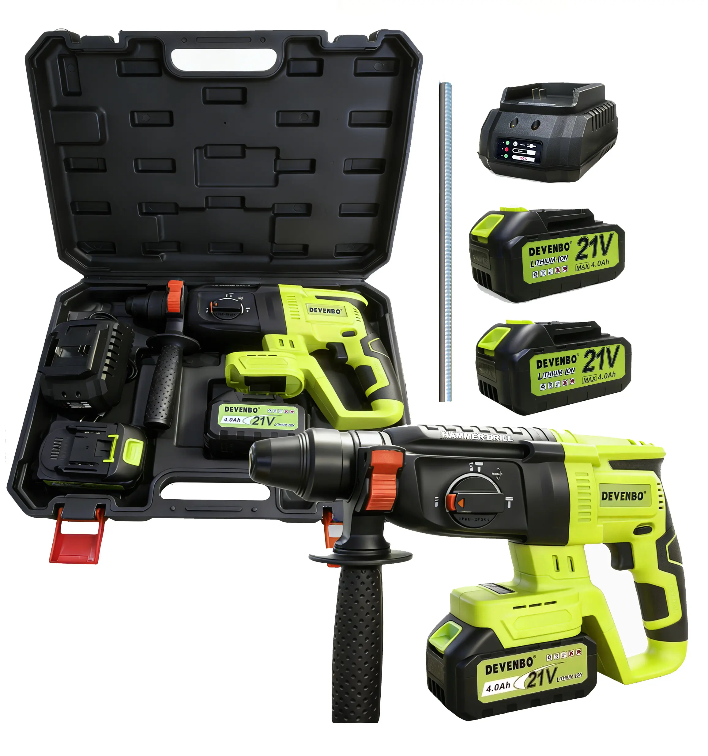 Devenbo High Power Electric Hammer Impact Drill 21V Dual 4mAh Battery Kit with Case 2 Batteries and Additional Battery