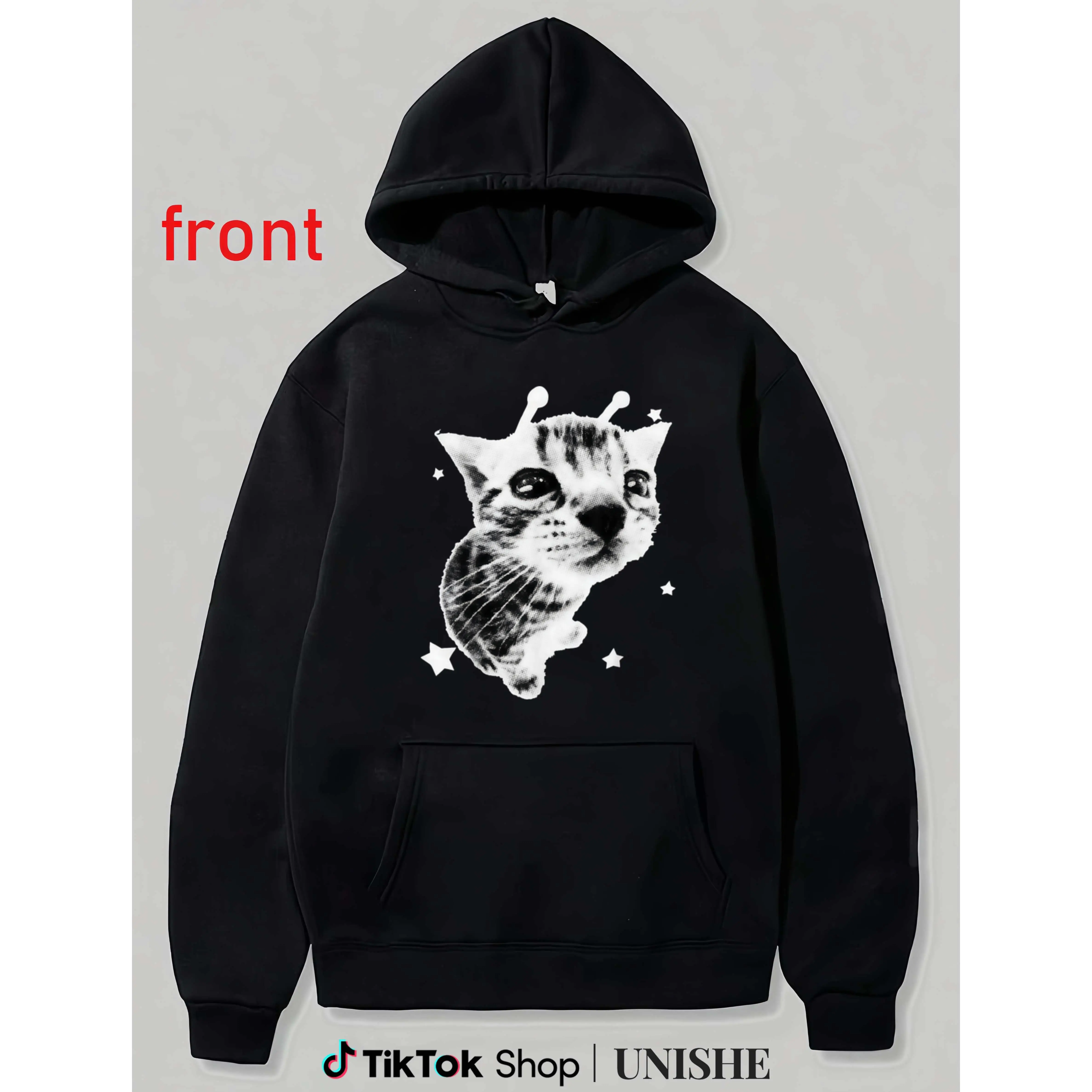 Vintage Y2K Alien Cat Meme Hoodie for Men & Women – Retro Silly Kitty Design