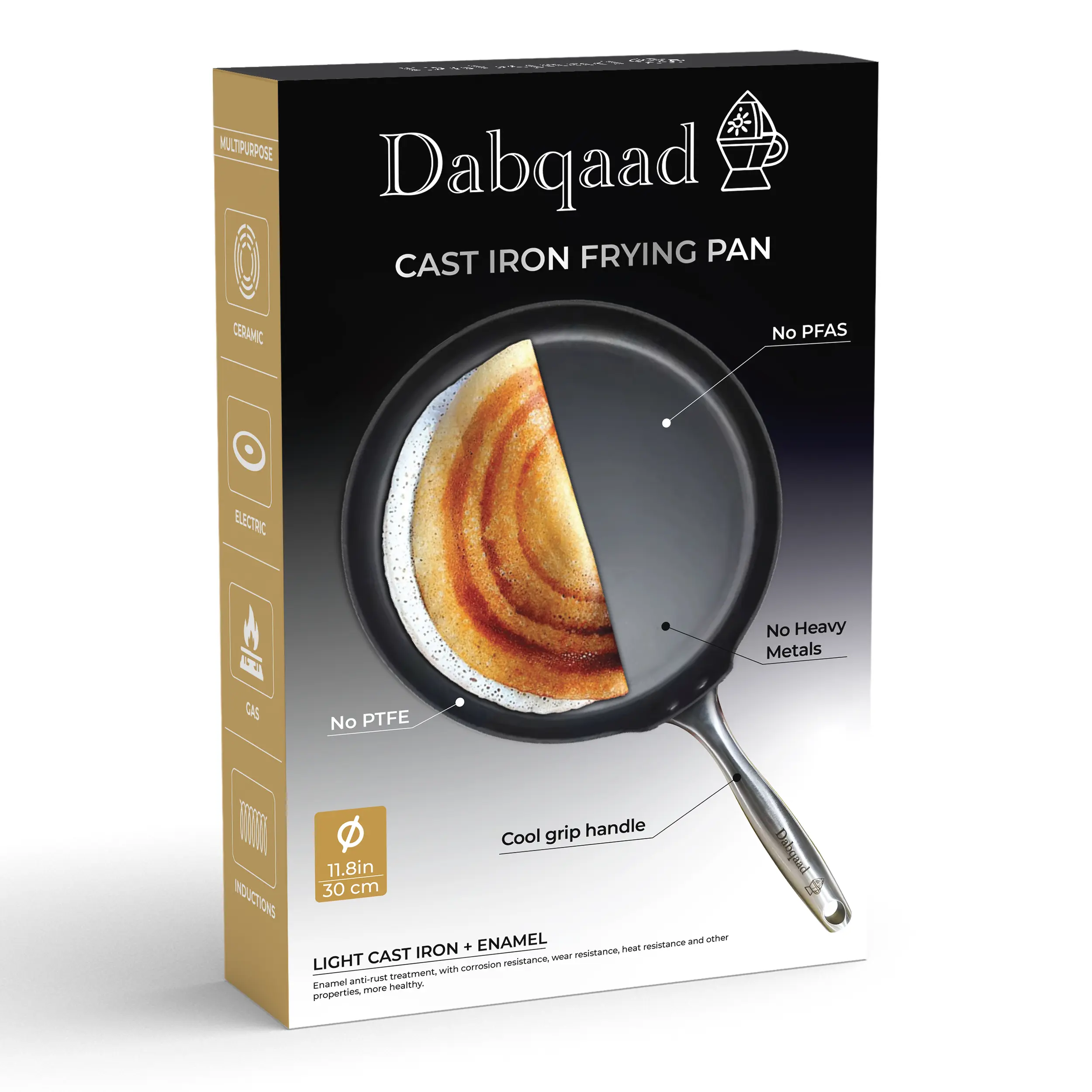 Dabqaad Non-Stick Cast Iron Frying Pan 11.8 In/30cm with Cover for Anjero, Malawax, Pancke Dosa, and many more Gas Electronic Induction Eco-Friendly Heat Retention - Cookware