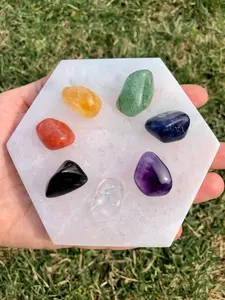 Hexagon Selenite and 7 Chakra Crystal Set - Selenite, Black Tourmaline, Carnelian, Citrine (Treated), Green Aventurine, Sodalite, Amethyst, Clear Quartz