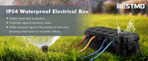 RESTMO Outdoor Electrical Box, IP54 Weatherproof Extension Cord Cover with 6 Cable Entry Ports, Waterproof Connection Box Protect Power Strip, Timer, Plug, Holiday Lights, (11.5x5.2x4 inch), Black