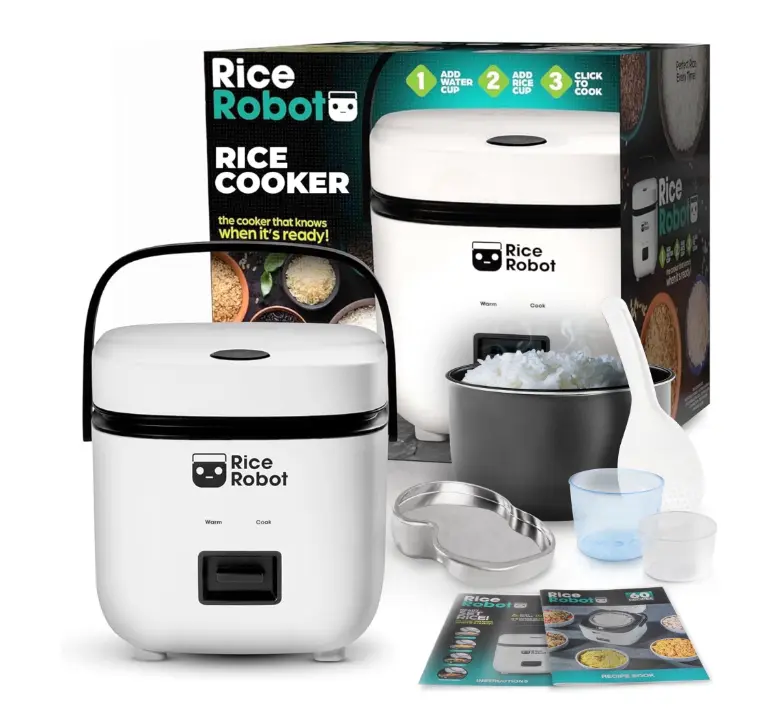 Rice Robot Personal Rice Cooker, PFAS-free, Nonstick. 1 Quart Capacity (4 Cups), with Stainless Steel Steamer Tray, Measuring Cups, Recipe Book with 60 Recipes, and Serving Spoon, As Seen On TV