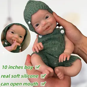 13 inch 33 cm full silicone mini reborn boy doll, mouth can open, high quality hand-painted, with green clothes, collection, festival, birthday, Halloween, perfect Christmas gift for children over 3 years old