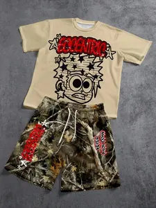 Eccentric American Cartoon Graffiti T-Shirt + Forest Camo Shorts, Streetwear Summer for Men, Trendy Casual Fashion Set