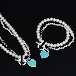 Romantic Blue Enamel Heart Pearl Jewelry Set, Exquisite Craftsmanship Necklace and Bracelet, High-End Feel Everyday Wear Set, Ideal Gift for Mom, Wife, Daughter, Friend, Timeless Fashion Jewelry, Trending Accessory for Women