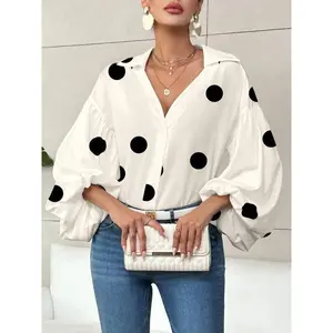 A New Niche Fashionable French Polka Half-Open Collar Design Loose Bubble Long-Sleeved Top