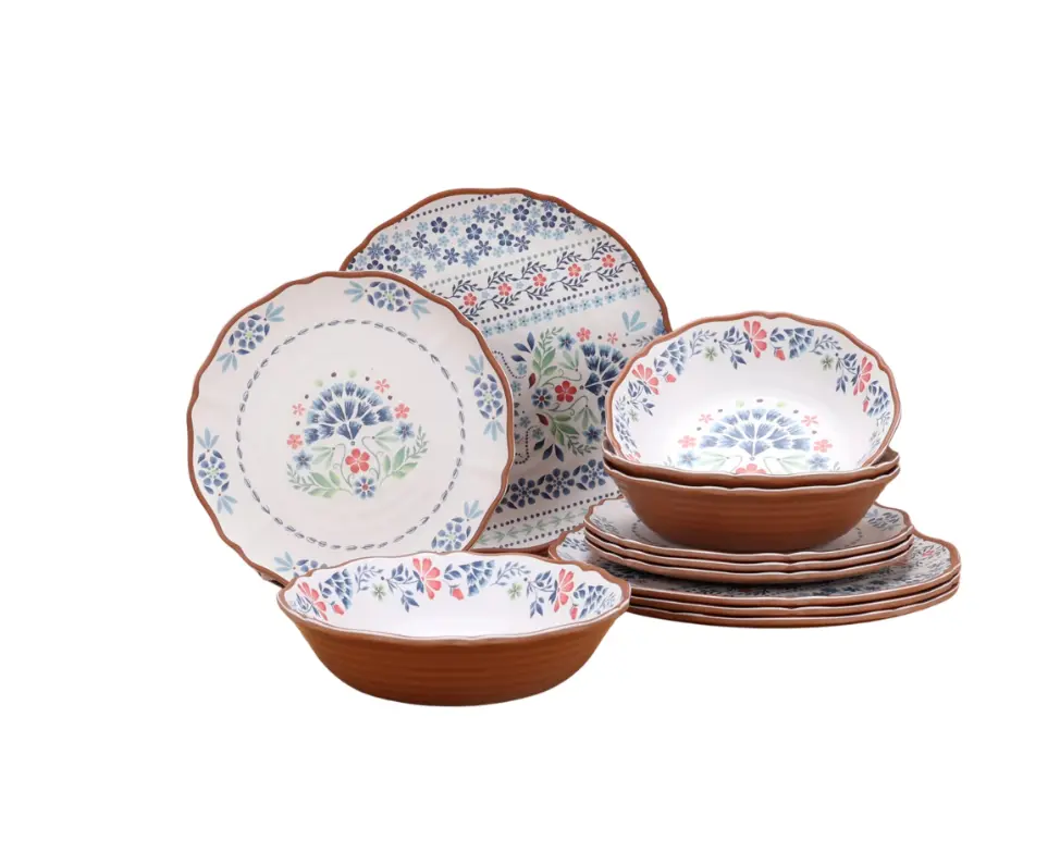 Hattie 12-Piece Bamboo Melamine Dinnerware Set, Multicolor