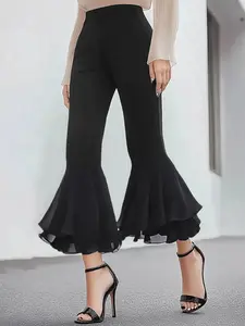 Women's High Stretch Flare Leg Pants Black Elegant Chiffon Hem Trousers Soft Knit Elastic Waistband Office Wear pants women