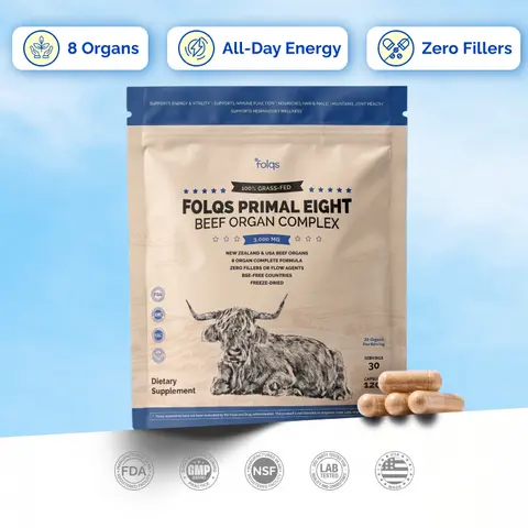 Folqs Primal 8 Grass-Fed Beef Organ Complex - 8 Whole Organs (Bone Marrow, Lung) - 120 Unflavored Capsules, Daily All-Day Energy Supplement