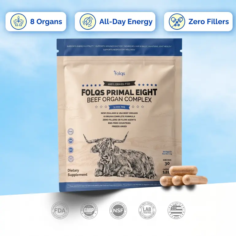 Folqs Primal Eight - Grass-Fed Beef Organ Complex - 8 Whole Organs - 180 Capsules Energy Supplement Nutrient Immunity
