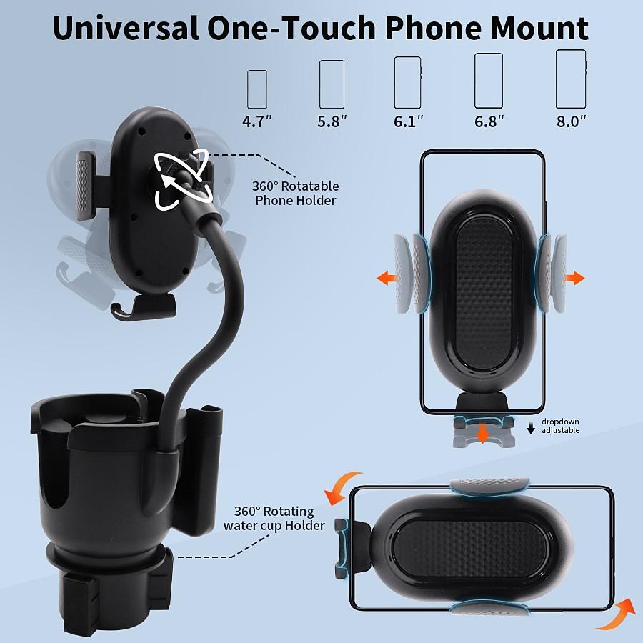 Cup Holder Phone Holder, 2026 Upgraded 3 in 1 Car Cup Holder Expander with Adjustable Base Long Gooseneck 360° Rotation, Cup Phone Holder for Car Fits All Smartphones and Most Bottles
