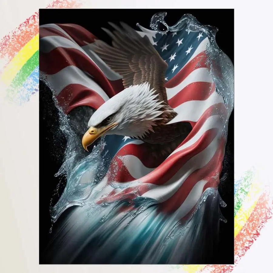 1pcs 5D DIY diamond painting kit, 5D diamond art set, DIY decoration, eagle, national flag, wave, diamond painting kit full round drill DIY, mosaic, diamond art, DIY art home decor, suitable for Halloween and Christmas, Diamond Embroidery