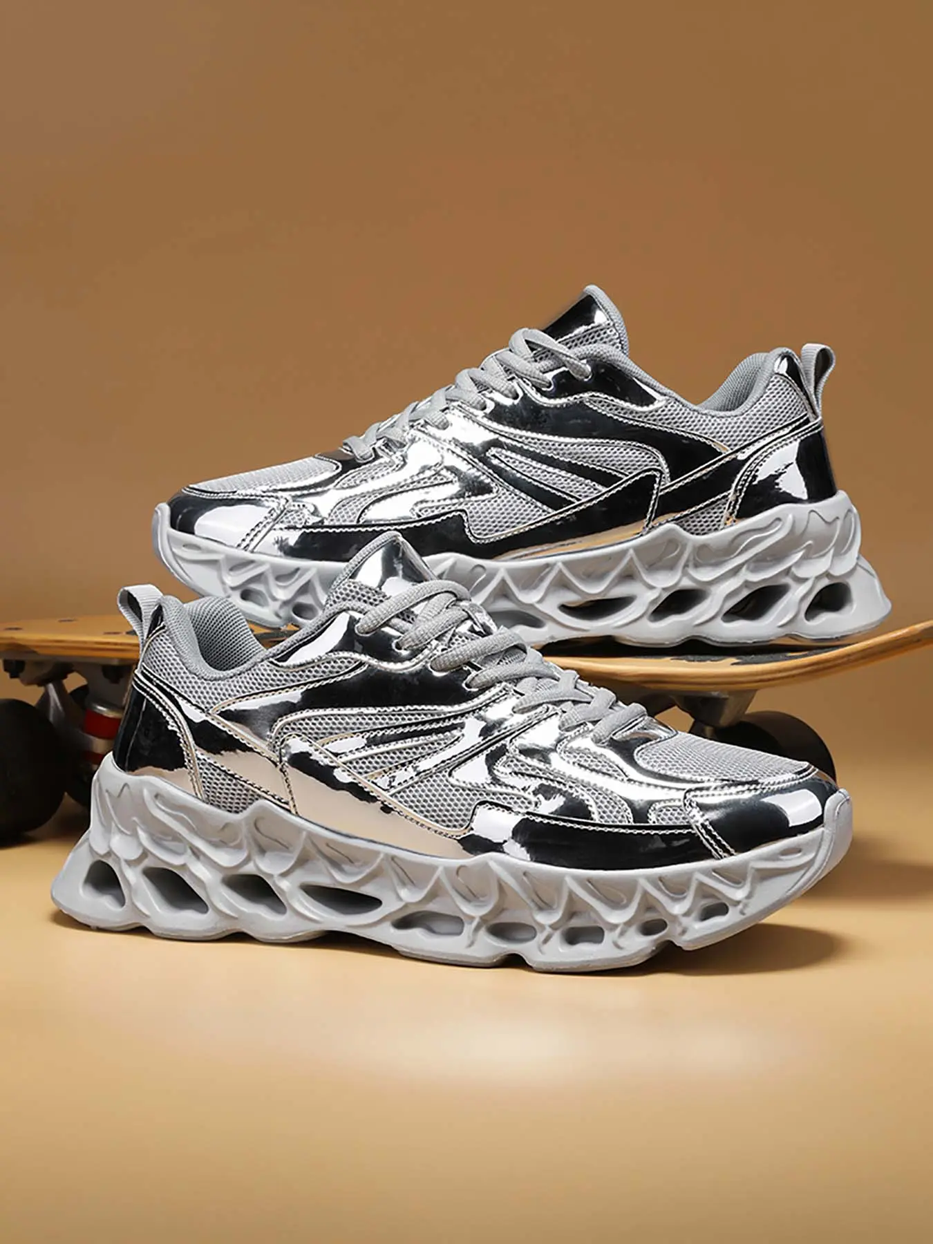 Men's Gold Gradient Chunky Sneakers, Breathable Mesh Thick Sole