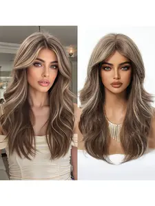 European American Style Full Wig for Women Realistic Natural Eight Character Bangs Long Curly Hair Soft Curly Wig Lazy Atmosphere Synthetic Fiber Full Head Wig Natural Looking Wigs