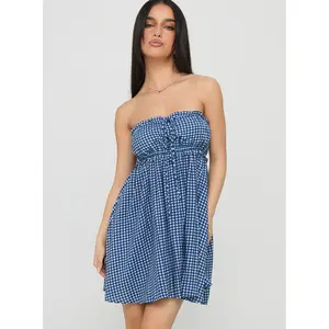 Held My Breath Strapless Babydoll Mini Dress Blue Gingham